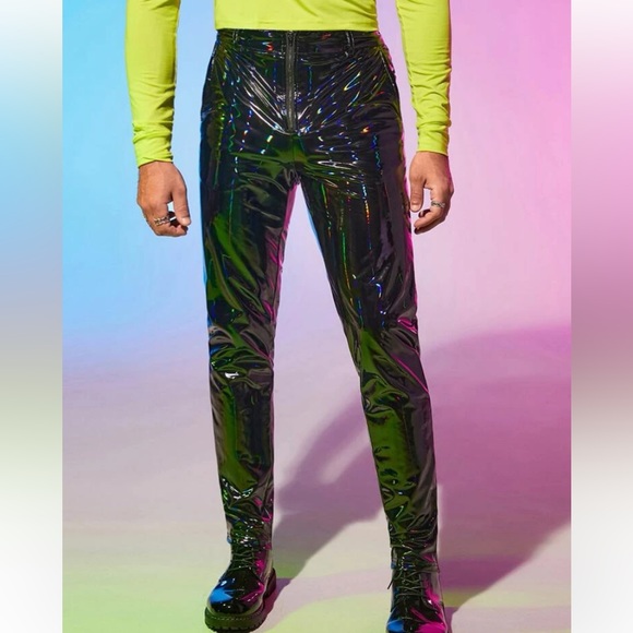 Men’s holographic zipper fly PU leather pants - Picture 3 of 10